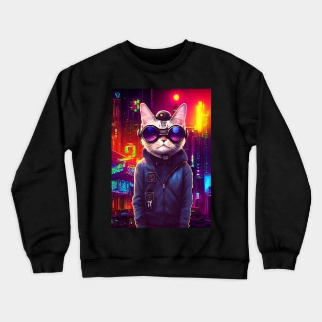 Techno Cat In Japan Neon City Crewneck Sweatshirt by star trek fanart and more